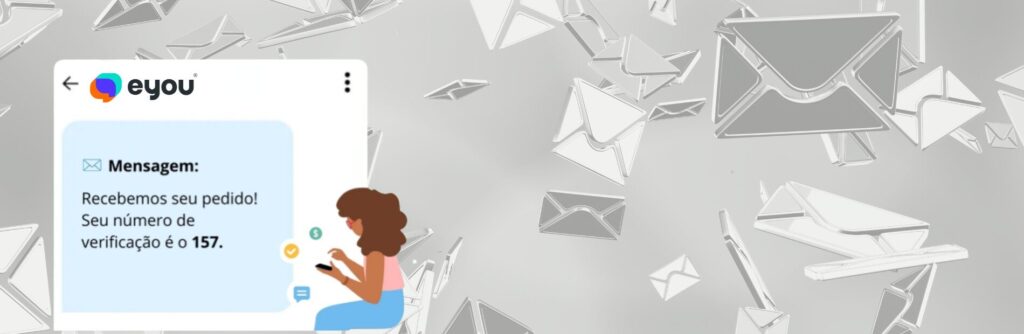 Ilustração de uma mulher mexendo no celular. Ao lado há uma tela de SMS avisando sobre o recebimento de um pedido. 