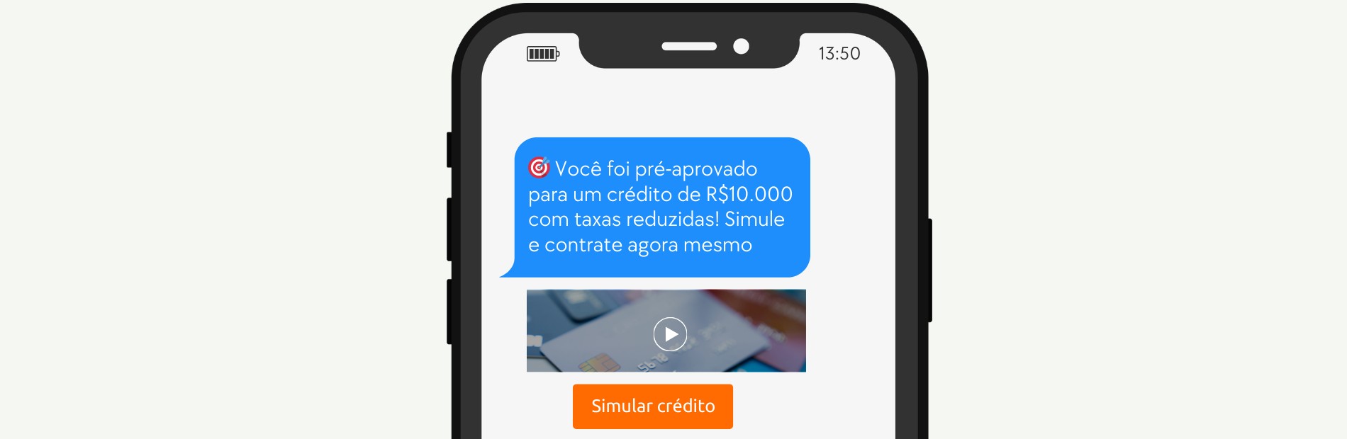 Mockup de smartphone exibindo mensagem de pré-aprovação de crédito com botão “Simular crédito”, exemplo de mensageria transacional utilizada por empresas para comunicação automatizada, engajamento e conversão via SMS ou RCS.