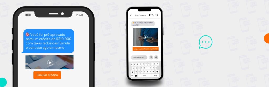 Mockup de dois smartphones exibindo mensagens promocionais e notificações interativas via SMS e RCS, com botão de ação para simular crédito e realizar pagamento, ilustrando comunicação mobile para campanhas de conversão e ROI.